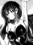 1girl 1other ao_tanuki arm_up armpits bare_shoulders blush boku_no_kokoro_no_yabai_yatsu breasts cleavage closed_mouth clothing_cutout collarbone dated dated_commentary grabbing_another&#039;s_arm greyscale heart_cutout highres large_breasts leotard long_hair looking_to_the_side mole mole_on_neck monochrome multiple_moles signature solo_focus strapless strapless_leotard sweat twitter_username upper_body yamada_anna 