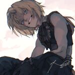  1boy ascot bare_shoulders blonde_hair blue_eyes blue_pants cat_tail cropped_vest dadadadadaist final_fantasy final_fantasy_ix gloves grin highres looking_at_viewer low_ponytail male_focus pants parted_bangs ponytail shirt short_hair signature smile solo tail teeth upper_body vest white_ascot white_shirt wrist_cuffs zidane_tribal 