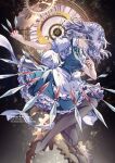  1girl black_dress black_pantyhose blue_eyes dress full_body gears grey_hair highres izayoi_sakuya knife maid maid_headdress nanop38 pantyhose solo touhou 