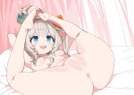  1girl :3 anus bar_censor barefoot bilingual_commentary blue_eyes breasts censored commentary commission completely_nude english_commentary grey_hair highres long_hair lying marimari_(vtuber) mixed-language_commentary navel nipples nude on_back open_mouth phase_connect pussy saga_inu skeb_commission small_breasts solo teeth upper_teeth_only variant_set virtual_youtuber 