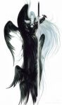  1boy arm_up armor black_coat black_gloves black_lips black_wings chest_strap closed_mouth coat commentary_request final_fantasy final_fantasy_vii final_fantasy_vii_remake full_body gloves grey_hair hayashishisou highres long_hair long_sleeves looking_at_viewer masamune_(ff7) parted_bangs sephiroth shoulder_armor solo sword very_long_hair weapon white_background wings 
