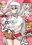  5girls admiral_hipper_(azur_lane) azur_lane ball baseball baseball_(object) baseball_bat baseball_cap baseball_mitt black_hair blonde_hair buruma chibi crossed_bangs deutschland_(azur_lane) graf_zeppelin_(azur_lane) grey_hair gym_uniform hat holding holding_baseball_bat multicolored_hair multiple_girls red_eyes red_hair roon_(azur_lane) sharp_teeth short_sleeves streaked_hair tabataba_no_ki teeth white_hair x_mouth z46_(azur_lane) 
