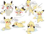 2022 4:3 accessory ambiguous_gender black_ear_tips black_nose bodily_fluids brown_markings colored dialogue dipstick_ears directional_arrow ear_markings ear_motion english_text engrish eyes_closed front_view fur fur_growth generation_1_pokemon growth hand_on_own_back headband hi_res human human_to_feral kneeling legs_together looking_back_at_self looking_down_at_self lying mammal markings motion_lines multicolored_ears musical_note musical_symbol netchy_boo nintendo nude on_back on_front one_eye_closed open_mouth open_smile paws pikachu pokemon pokemon_(species) question_mark rear_view red_markings shrinking side_view simple_background sitting sitting_on_ground size_transformation smile snout snout_growth solo species_transformation speech_bubble spread_legs spreading standing sticker stripes sweat symbol tail tail_growth text thought_bubble three-quarter_view tongue tongue_out transformation transformation_sequence white_background