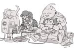  :d afro bee_(dragon_ball) boots cable cape closed_eyes dog dragon_ball dragon_ball_z gloves greyscale hankuri headphones majin_buu male_focus monitor monochrome mr._satan multiple_boys open_mouth pants playing_games puffy_pants simple_background sitting smile white_background 