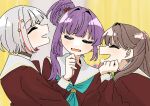  3girls ^_^ aqua_neckerchief black_choker blurry blurry_background blush bob_cut brown_dress brown_hair choker closed_eyes commentary_request dress flower fujishima_megumi grey_hair hair_bun hair_flower hair_intakes hair_ornament highres indoors inverted_bob link!_like!_love_live! lone_nape_hair long_sleeves love_live! multicolored_hair multiple_girls neckerchief open_mouth otomune_kozue profile puripuri_hurai purple_hair red_flower red_hair sailor_collar sailor_dress short_hair side_ponytail sidelocks single_side_bun smile streaked_hair tassel tassel_hair_ornament two_side_up u_u upper_body virtual_youtuber white_sailor_collar winter_uniform yugiri_tsuzuri 