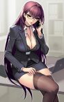  1girl absurdres black_bra black_choker black_jacket black_skirt blazer bra breasts choker cleavage closed_mouth computer dynamitenatalia earrings fate/grand_order fate_(series) gold_earrings hair_intakes highres hoop_earrings indoors jacket jewelry laptop large_breasts lips long_hair looking_down office_lady pencil_skirt purple_hair red_eyes scathach_(fate) sitting skirt solo talking_on_phone thighhighs underwear very_long_hair zettai_ryouiki 