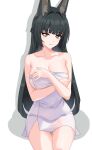 1girl absurdres animal_ears black_hair breasts cleavage collarbone commentary fox_ears fox_girl highres hoshimi_miyabi large_breasts long_hair maxwelzy naked_towel red_eyes simple_background sitting smile solo thighs towel very_long_hair white_background zenless_zone_zero 