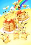  &gt;_&lt; alternate_color bird blue_sky blush_stickers brown_eyes carrying closed_eyes cloud combee commentary_request creature day drifloon eating falling floating flying food gen_1_pokemon gen_4_pokemon gen_5_pokemon holding holding_food honey jolteon jumping ladder lai_(pixiv1814979) mouth_hold multiple_heads no_humans o_o open_mouth outstretched_arms pancake pikachu plate pokemon pokemon_(creature) rainbow scared scraggy shiny_pokemon sitting sky smile sphere standing swablu tongue tongue_out yellow 