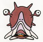  1980s_(style) colored_tongue creature creature_focus dragon_quest drohl_drone full_body highres monster monster_focus no_humans official_art open_mouth orange_tongue retro_artstyle scan sharp_teeth spikes teeth third-party_source toriyama_akira 
