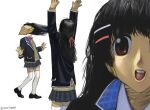  1other animegao arms_up black_hair black_jacket blue_skirt bow bowtie braid brown_eyes brown_sweater collared_shirt cosplay hair_ribbon half_up_braid headless highres jacket kigurumi loafers long_hair long_sleeves m000oomin mask multiple_views nazono_mito nijisanji open_clothes open_jacket open_mouth pink_bow pink_bowtie pink_ribbon plaid_clothes plaid_skirt pleated_skirt ribbon school_uniform shirt shoes simple_background skirt smile sweater thighhighs twitter_username virtual_youtuber white_background white_thighhighs wig 