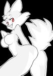  anthro big_breasts black_background breasts butt butt_pose featureless_breasts female fur invalid_color invalid_tag mammal norithecat nude raised_tail red_eyes simple_background skunk white_fur 
