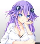  1girl alexstardust31 alternate_costume artist_name blue_eyes braid breasts cleavage commentary english_commentary formal_clothes hair_between_eyes hair_ornament highres long_hair looking_at_viewer medium_breasts neptune_(series) office_lady power_symbol power_symbol-shaped_pupils purple_eyes purple_hair purple_heart_(neptunia) shirt short_sleeves simple_background smile solo symbol-shaped_pupils twin_braids very_long_hair white_background white_shirt 