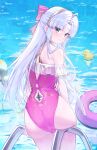  1girl absurdres ahoge aqua_eyes ass back back_cutout ball bare_shoulders beachball bow carlotta_(splashing_summer)_(wuthering_waves) carlotta_(wuthering_waves) casual_one-piece_swimsuit closed_mouth clothing_cutout commentary cowboy_shot frilled_one-piece_swimsuit frills from_behind hair_bow highres long_hair looking_at_viewer looking_back off-shoulder_one-piece_swimsuit off_shoulder official_alternate_costume one-piece_swimsuit parted_bangs pink_bow pink_one-piece_swimsuit pool rubber_duck shengwr shoulder_blades sidelocks smile solo striped_bow swim_ring swimsuit tacet_mark_(wuthering_waves) very_long_hair white_hair wuthering_waves 
