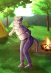 abdominal_bulge absurd_res anthro anthro_pred belly breasts campfire camping_tent clothing denim female female_pred fully_inside fur g3xa grass gulp_(sound_effect) hi_res mammal milly_(aircooledrats) mustelid musteline offscreen_character oral_vore plant rumbling_stomach same_size_vore shaded signature solo stoat swallowing tan_body tan_fur true_musteline tuft unseen_prey vore weasel