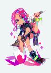  amakusa_(hidorozoa) bangs black_panties black_skirt boots calligraphy_brush closed_mouth grey_background hand_up looking_at_viewer midriff miniskirt navel octarian octobrush_(splatoon) octoling paint_on_face paint_splatter paintbrush panties parted_bangs pink_eyes pink_hair simple_background skirt solo splatoon_(series) splatoon_2 squidbeak_splatoon standing suction_cups tentacle_hair underwear wristband 