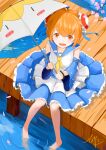  1girl :d absurdres acfun acfun_girl artist_name bare_legs bare_shoulders barefoot blue_sailor_collar blue_skirt blue_sleeves branch bun_cover detached_sleeves dock double_bun falling_petals flower from_above full_body hair_bun highres holding holding_umbrella looking_at_viewer medium_skirt open_mouth orange_eyes orange_hair petals pink_flower sailor_collar shirt short_hair signature sitting skirt sleeveless sleeveless_shirt smile soaking_feet solo umbrella water white_shirt yunshi_tiankeng 