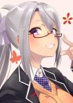  bad_id bad_twitter_id breasts fang glasses grey_background grin hair_ornament hairclip higuchi_kaede long_hair looking_at_viewer looking_to_the_side medium_breasts mole mole_under_eye necktie nijisanji nuezou plaid_neckwear ponytail purple_eyes red-framed_eyewear silver_hair simple_background smile solo 