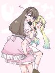  2girls 4th_live_dream_~bloom_the_dream_believers~ :d ;d ^_^ blonde_hair blue_hair blush brown_hair brown_shoes carrying carrying_person closed_eyes commentary_request dream_believers dress fang from_behind fujishima_megumi gradient_hair heart highres holding holding_microphone link!_like!_love_live! long_hair looking_at_viewer looking_back love_live! microphone mira-cra_park! multicolored_hair multiple_girls muma_(meganeltuko) official_alternate_costume one_eye_closed open_mouth osawa_rurino parted_bangs piggyback pink_background pink_dress puffy_short_sleeves puffy_sleeves raised_inner_eyebrows shoes short_sleeves skin_fang smile socks standing twintails two_side_up virtual_youtuber white_socks 