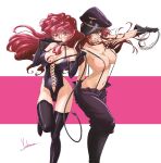  1990s_(style) 2girls :p absurdres arm_behind_back artist_name bakuretsu_hunters black_boots black_gloves black_hat black_leotard black_pants black_suspenders bondage_outfit boots breasts cameltoe chocolate_misu cleavage closed_mouth commentary_request dominatrix floating_hair garrote gloves green_eyes hair_between_eyes hands_up hat highleg highleg_leotard highres holding holding_whip large_breasts leotard lipstick long_hair looking_at_viewer makeup mouth_hold multiple_girls navel outstretched_arm pants parted_lips peaked_cap red_eyes red_hair red_lips retro_artstyle siblings signature simple_background sisters smile standing standing_on_one_leg suspenders thigh_boots tira_misu tongue tongue_out topless_female yoshinaga_masahiro 