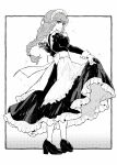  1girl apron border closed_mouth commentary_request dress frilled_apron frilled_dress frilled_headwear frills full_body greyscale juliet_sleeves long_sleeves maid maid_apron maid_headdress monochrome original outside_border platform_heels puffy_sleeves shiromine_kana skirt_hold solo watermark 