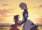  anne_magnolia blonde_hair blue_eyes braid brown_hair closed_eyes closed_mouth crying errant eyebrows_visible_through_hair hair_ribbon looking_at_another multiple_girls open_mouth outdoors prosthesis prosthetic_arm ribbon short_hair sunset violet_evergarden violet_evergarden_(character) 