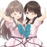  2girls 4th_live_dream_~bloom_the_dream_believers~ ;) ;d animification ascot blue_ascot blush breasts brown_eyes brown_hair closed_mouth commentary_request cowboy_shot dream_believers dress flower_stand_art fujishima_megumi hanazora_satsuki holding_hands interlocked_fingers link!_like!_love_live! long_hair looking_at_viewer love_live! medium_breasts multiple_girls official_alternate_costume one_eye_closed open_hand open_mouth pink_dress pinstripe_ascot puffy_short_sleeves puffy_sleeves real_life sample_watermark short_sleeves simple_background smile tsukine_kona two_side_up virtual_youtuber voice_actor voice_actor_connection watermark watermark_grid white_background 