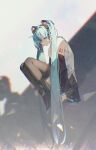  1girl aqua_eyes aqua_hair black_sleeves closed_mouth detached_sleeves full_body grey_shirt hatsune_miku highres long_hair looking_at_viewer number_tattoo openvl shirt sitting sleeveless sleeveless_shirt solo tattoo twintails very_long_hair vocaloid 