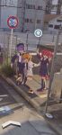  3girls absurdres adachi_rei ahoge beret black_hat black_shirt black_shoes black_skirt black_sleeves chain-link_fence collared_shirt detached_sleeves double_v drill_hair fence gloves hair_between_eyes hair_ribbon hashtag-only_commentary hat headlamp headphones high_school_girls_posing_for_google_street_view_(meme) highres jacket kasane_teto kasane_teto_(utau) long_sleeves looking_at_viewer medium_hair meme multiple_girls natunashi necktie one_side_up open_clothes open_jacket open_mouth orange_eyes orange_hair outdoors photo_background pleated_skirt purple_eyes purple_hair purple_necktie radio_antenna red_eyes red_hair ribbon shirt shoes short_hair skirt sleeveless sleeveless_shirt smile standing standing_on_one_leg twin_drills twitter_username utane_uta utau v white_gloves white_jacket white_ribbon 