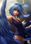  absurdres ahoge blue_hair blue_wings breasts commentary cowboy_shot english_commentary feathered_wings feathers harpy highres looking_to_the_side monster_girl monster_musume_no_iru_nichijou navel open_mouth papi_(monster_musume) reagan_long short_hair small_breasts solo tank_top winged_arms wings yellow_eyes 
