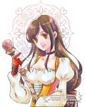  1girl black_choker bodysuit breasts brown_eyes brown_hair choker closed_mouth final_fantasy final_fantasy_ix garnet_til_alexandros_xvii gloves holding holding_staff juliet_sleeves long_hair long_sleeves low-tied_long_hair medium_breasts orange_bodysuit portrait puffy_sleeves quichi_91 red_gloves smile solo staff swept_bangs twitter_username upper_body white_background 