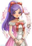  1girl :d border bow breasts choker collarbone commentary cowboy_shot dragon_quest dragon_quest_x dress dress_bow frilled_dress frilled_wrist_cuffs frills hair_bow high_ponytail highres looking_to_the_side medium_breasts mereade moyapippi multicolored_border multicolored_dress off-shoulder_dress off_shoulder open_mouth pink_dress ponytail purple_eyes purple_hair red_bow red_choker smile solo star_(symbol) star_choker white_background white_dress wrist_cuffs 
