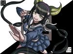  black_hair bow chabashira_tenko danganronpa green_eyes hair_ornament hair_ribbon hairband komatsuzaki_rui_(style) kurokku-tokei long_hair looking_at_viewer mole mole_under_mouth navel new_danganronpa_v3 open_mouth pleated_skirt ribbon school_uniform serafuku skirt smile solo twintails 