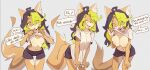 2025 big_breasts bottomwear breast_growth breasts canid canine clothed clothing countershading dawn_6e736677 domestic_cat english_text felid feline felis fox green_highlights growth heart_symbol hi_res highlights_(coloring) hybrid inner_ear_fluff looking_at_viewer mammal mango_(dawn_6e736677) presenting presenting_breasts raised_clothing raised_shirt raised_topwear shape_shifter shapeshifter shirt shorts speech_bubble tail talking_to_viewer text topwear tuft