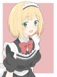  :d absurdres black_dress blonde_hair blush bow bowtie collared_shirt donguri_suzume dress eyebrows_visible_through_hair green_eyes highres looking_at_viewer maid maid_headdress male_focus nijisanji open_mouth otoko_no_ko pink_background puffy_short_sleeves puffy_sleeves red_neckwear sash shirt short_hair short_sleeves simple_background smile solo suzuya_aki upper_body wing_collar 
