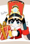  1boy :3 absurdres animal_ears blush box character_name coat english_commentary fur-trimmed_coat fur_trim furry furry_male gift gift_box hat highres holding holding_gift honkai:_star_rail honkai_(series) looking_at_viewer male_focus notice_lines nyangtanyang pom-pom_(honkai:_star_rail) rabbit_ears red_coat red_hat smile 