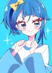  1girl absurdres artist_name blue_background blue_eyes blue_hair blue_shirt blush_stickers bow casual commentary cut_bangs hair_bow highres hirogaru_sky!_precure long_sleeves looking_at_viewer medium_hair pixiv_username potacure precure shirt side_ponytail signature single_sidelock solo sora_harewataru sparkle t-shirt twitter_username two-tone_shirt upper_body white_shirt yellow_bow 