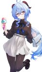  1girl :q absurdres ahoge bag bespectacled black_bow black_bowtie black_pantyhose black_shirt black_shoes blue_hair blush bow bowtie chinese_commentary closed_mouth commentary_request food ganyu_(china_merchants_bank)_(genshin_impact) ganyu_(genshin_impact) genshin_impact glasses goat_horns hair_between_eyes handbag highres holding holding_bag holding_food holding_ice_cream holding_ice_cream_cone horns ice_cream ice_cream_cone leg_up long_hair long_sleeves looking_at_viewer mihasu official_alternate_costume pantyhose purple_eyes red-framed_eyewear semi-rimless_eyewear shirt shoes simple_background skirt solo tongue tongue_out very_long_hair white_background white_bag white_skirt 