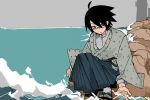  1boy black_hair blue_hakama closed_mouth glasses green_eyes grey_shirt grey_sky hair_between_eyes hakama japanese_clothes kimono kneeling layered_sleeves lighthouse long_sleeves male_focus ocean parted_bangs patterned_clothing rock sandals sayonara_zetsubou_sensei shirt short_hair sky socks solo water yonjyuukyuu049 