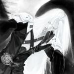  1boy armor belt belt_buckle buckle chest_strap closed_eyes coat commentary cowboy_shot curtained_hair dutch_angle eyelashes final_fantasy final_fantasy_vii greyscale high_collar highres long_hair long_sleeves male_focus monochrome open_mouth parted_hair pauldrons popped_collar sephiroth shoulder_armor shyuuwei solo very_long_hair 