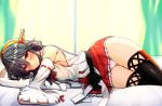  bare_shoulders black_hair boots detached_sleeves frilled_skirt frills hair_ornament hairband hairclip haruna_(kantai_collection) headgear highres japanese_clothes kantai_collection long_hair looking_at_viewer lying nontraditional_miko on_bed on_side panties pantyshot pantyshot_(lying) pillow pillow_hug pink_panties pleated_skirt red_skirt remodel_(kantai_collection) ribbon-trimmed_sleeves ribbon_trim skirt smile solo thigh_boots thighhighs tsukui_kachou underwear wide_sleeves yellow_eyes 