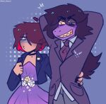 anthro arm_around_waist black_tie_(suit) blush brown_hair clothing colored_nails deltarune dress duo grin hair hair_over_eye human kris_(deltarune) lgbt_pride long_hair mammal nails necktie nonbinary_(lore) nonbinary_pride_colors pride_colors scalie smile suit susie_(deltarune) undertale_(series) void_vunzzz