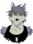  1boy animal_ears black_shirt black_tank_top closed_mouth commentary_request dog_boy dog_ears dog_tags furry furry_male jewelry kouya_aotsuki male_focus morenatsu necklace shirako_(kirupi) shirt sleeveless sleeveless_shirt smile tank_top upper_body white_background 