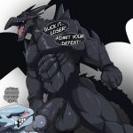 1:1 abs anthro biceps black_body blue-eyes_white_dragon blue_eyes blush blush_lines bodily_fluids claws clenched_teeth defeated dialogue dominant dominant_male dragon duel_monster duo english_text erection european_mythology genital_fluids genitals horn imminent_sex konami male male/male manly membrane_(anatomy) membranous_wings mocking muscular muscular_anthro muscular_male muscular_thighs mythological_creature mythological_scalie mythology nude open_mouth pecs precum red-eyes_black_dragon red_eyes scales scalie serratus speech_bubble submissive submissive_male sweat sweatdrop tail taunting teeth text tongue western_dragon white_body wings yu-gi-oh! zaqiizawa