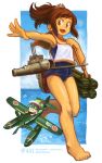 2girls :d aircraft airplane bangs bare_legs barefoot brown_eyes brown_hair bubble character_name fairy_(kantai_collection) feet full_body hair_ornament hairclip highres i-401_(kantai_collection) kantai_collection machinery mizuno_(okn66) multiple_girls old_school_swimsuit one-piece_swimsuit open_mouth outstretched_hand rigging sailor_collar school_swimsuit school_uniform serafuku short_hair short_ponytail sleeveless smile swimsuit swimsuit_under_clothes tan teeth torpedo water zuiun_(kantai_collection) 