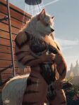 anthro arcanine balls bathing erection foreskin fur generation_1_pokemon genitals hi_res humanoid_genitalia humanoid_penis jaykat male muscular nintendo nude outside pecs penis pokemon pokemon_(species) showering soap solo wet wet_body wet_fur