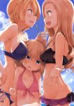  :d bangs bikini blonde_hair blue_bikini blue_eyes blue_sky blush braid breast_envy breasts cloud cloudy_sky collarbone commentary cup darjeeling day eyebrows_visible_through_hair flat_chest from_side front-tie_top girl_sandwich girls_und_panzer green_eyes groin height_difference highres holding holding_cup katyusha large_breasts light_brown_hair lowleg lowleg_bikini marie_(girls_und_panzer) medium_hair multiple_girls navel open_mouth outdoors outstretched_hand parted_bangs profile sandwiched short_hair shuiro_(frog-16) side-tie_bikini sky small_breasts smile swimsuit teacup tears 