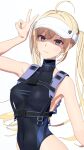  1girl 3d ahoge akehi_yuki armpits black_leotard blonde_hair breasts buckle chest_harness commentary_request grey_eyes hand_up harness hat highleg highleg_leotard highres large_breasts leotard long_hair miyo_(akehi_yuki) original paid_reward_available simple_background sleeveless_turtleneck_leotard smile snap-fit_buckle solo twintails upper_body v visor_cap white_background white_hat 