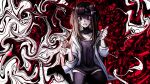  1girl arms_up bandage_on_face bandages black_nails black_shirt black_thighhighs bleeding blood blood_on_weapon boxcutter brown_hair drooling flustered ghost_hair_ornament highres holding holding_boxcutter holding_weapon implied_self-harm injury looking_at_hand love_angel_syndrome non-web_source on_floor oversized_clothes partially_shaded_face pill_hair_ornament red_eyes seiza shirt short_twintails sidelocks sitting solo swirling thighhighs too_many_eyes twintails upper_body weapon wide-eyed wrist_cutting yuuna_(love_angel_syndrome) 