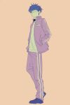  1boy black_hair black_shoes blue_hair closed_mouth collared_jacket crew_neck dot_nose eyepatch full_body hand_in_pocket highres jacket long_sleeves looking_to_the_side male_focus medical_eyepatch mito_(commando_seagal) multicolored_hair omokage_yugamu orange_background pants popped_collar purple_jacket purple_pants shirt shoes short_hair sideways_glance simple_background solo striped_clothes striped_jacket striped_pants the_hundred_line_-last_defense_academy- track_pants track_suit two-tone_hair vertical-striped_clothes vertical-striped_jacket vertical-striped_pants white_shirt 