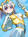  1girl blue_eyes blue_sky blush bodysuit breasts closed_mouth cloud covered_nipples duel_monster flying_sweatdrops giant giantess grey_hair helmet highres impossible_bodysuit impossible_clothes koharuno_silk looking_at_viewer medium_breasts multicolored_bodysuit nikunopengin purple_eyes shiny_clothes skin_tight sky solo tokusatsu twintails ultimate_girl white_bodysuit 